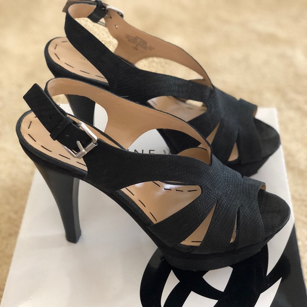 Nine West black platform heel sandals, size 7.5